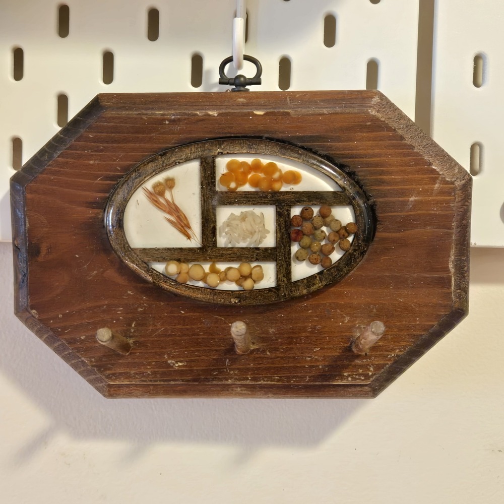 Vintage Handmade Wood Wall Key Holder Dried Flowers Grain Art Shadow Box 3 Peg